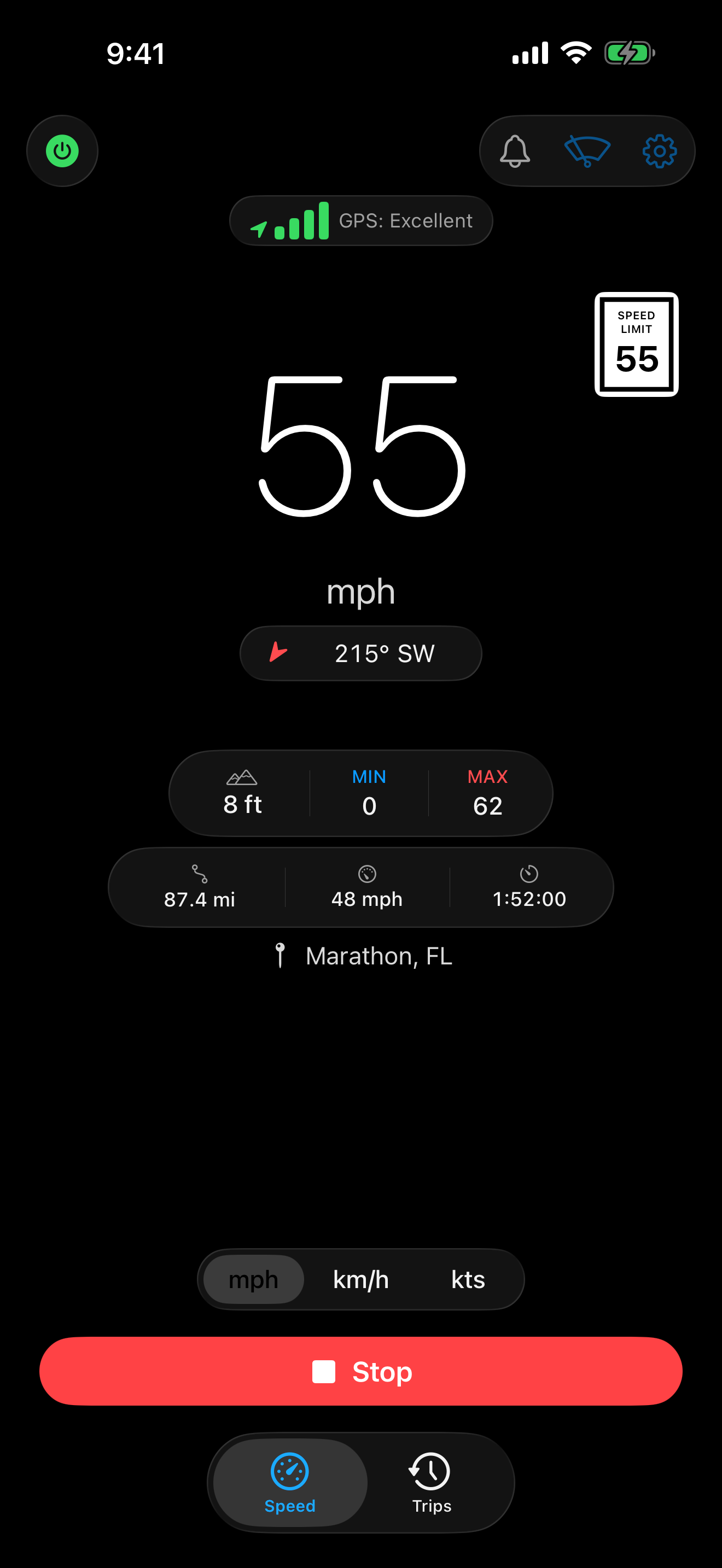 Velocita numeric view — a large, clean 55 mph readout with GPS Excellent, heading, and live trip stats including altitude, min, max, average speed, distance, and elapsed time